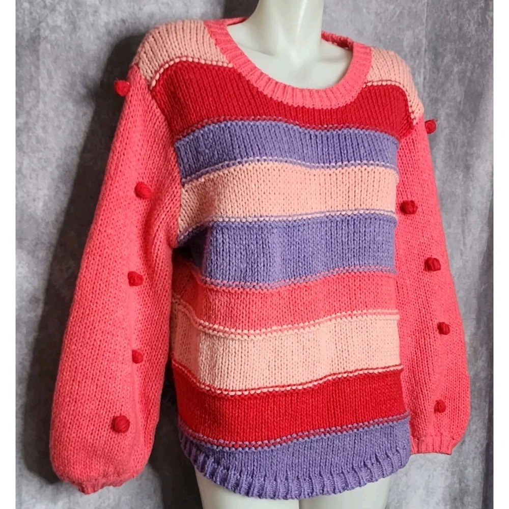 Umgee Striped‎ Relaxed Knit Crew Neck Long Sleeve Sweater Pullover Small Pompoms - Picture 5 of 8